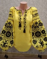 Красочная женская вышиванка на желтом льне "Бохо" (GNM-02248), 40, домотканое полотно желтого цвета