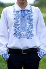 Вышиванка для мужчин с голубым узором в украинском стиле "Волшебство" (GNM-01591), 40, лен белого цвета