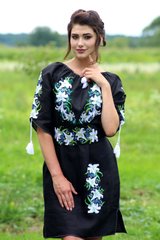 Платье для женщин с цветочной вышивкой в черном цвете "Лилия" (GNM-00413), 42, лен черного цвета