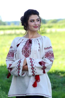 Льняна вишиванка ручної роботи з українським орнаментом для жінок (GNM-00508), 42, льон білого кольору