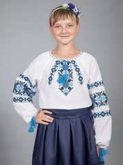 Выразительная белая блузка из полотна с сине-чёрной вышивкой для девочек и женщин (gbv-15-03d), 26, лен