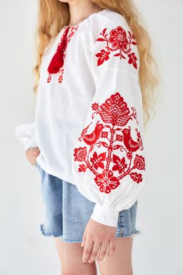 Вишиванка для дівчинки біла "Птахи" з червоною вишивкою (mrg-rd219-8888), 116, бязь