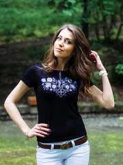 Жіноча вишита футболка чорна "Лісова пісня" з блакитною вишивкою (LS-91110285-44), XL, віскоза