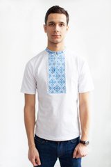 Вишита футболка чоловіча біла з синьою вишивкою "Козацька" (LS-94212125-44), M, бавовна