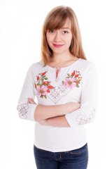 Женская футболка-вышиванка белая "Шиповник" (LS-91221208-44), XL, вискоза