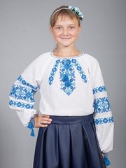 Девичья украинская вышиванка из домотканого полотна с сине-голубым орнаментом (gbv-15-02d), 26, лен
