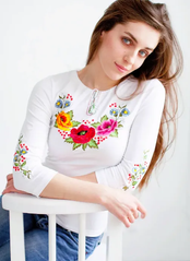 Жіноча футболка-вишиванка біла "Мальви" (LS-91221321-46), XL, віскоза