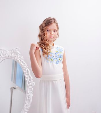 Вишита молочна з блакитною вишивкою сукня для дівчинки Квіткова гармонія (PLd-121-027), 152