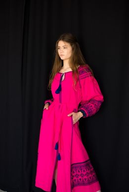Розовое льняное платье-бохо со старинной вышивкой (ЛА-11), 42