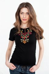Женская вышитая футболка черная "Золотая осень" (LS-91110072-44), XXL, вискоза