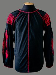 Тёмно-синяя блузка из льна или полотна с карминово-красным орнаментом для женщин (gbv-024-06), 40, домотканое полотно, лен