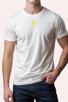 Чоловіча патріотична футболка: &laquo;ТРИЗУБ ВИШИТИЙ&raquo;, біла (FL-335), XS