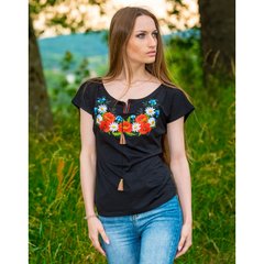 Сучасна жіноча чорна футболка з вишивкою "Польові квіти" (10101011-046), 42