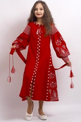 Етно-сукня "Розкіш-2" із натурального льону червоного кольору з вишивкою для дівчаток (PLd-120-150-L-red), 122