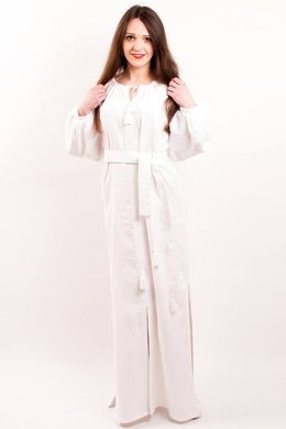 Монохромное длинное платье "Цветочная фантазия" из белого льна с украинской вышивкой для женщин (PL-055-067-L-wht), 40
