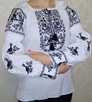 Чёрно-белая вышиванка интересного дизайна из домотканого полотна для женщин (GNM-01836), 40, домотканое полотно белое