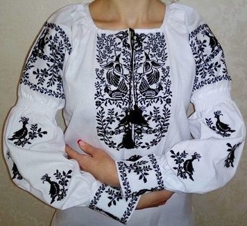 Чорно-біла вишиванка цікавого дизайну із домотканого полотна для жінок (GNM-01836), 40, домоткане полотно біле