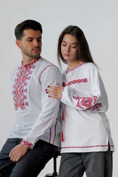 ВИШИТИЙ КОМПЛЕКТ ДЛЯ ПАРИ З БЛУЗКОЮ "БАТЬКІВСЬКИЙ ДАР" БІЛОГО КОЛЬОРУ (DBRSK-84-wt-rd), льон+котон