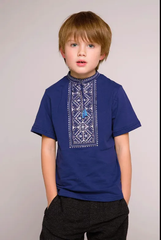 Вишиванка для хлопчика "Карпатська" темно-синя з коротким рукавом з сірою вишивкою (LS-823968366-92), 92, бавовна
