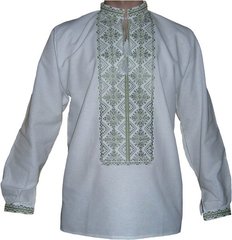 Белая рубашка с длинным рукавом из домотканого полотна с орнаментом в зелёных оттенках для мужчин (GNM-00404), 40, домотканое полотно