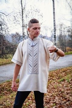 Чоловіча вишиванка ручної роботи "Етно-мотив" (GNM-00114), 40, льон натурального кольору