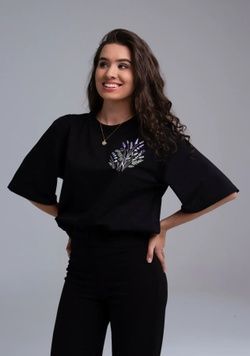 ЖІНОЧА ВИШИТА ФУТБОЛКА "ЛАВАНДА" ЧОРНОГО КОЛЬОРУ(LS-10356332-42), XXS-XS, бавовна