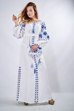Длинное вышитое платье из льна на поясе "Очарование 3" (PL-055-066-L), 42