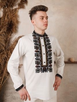 Стильна чоловіча вишита сорочка з довгими рукавами (S-075-01), 40, льон
