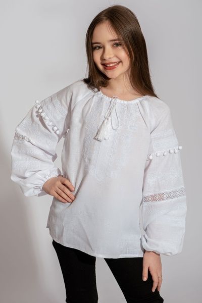 ВИШИВАНКА ДЛЯ ДІВЧИНКИ "МЕРЕЖИВНИЙ РОЗМАЙ" БІЛА З БІЛОЮ ВИШИВКОЮ (BLd-36-16-wt), 116, домоткане полотно