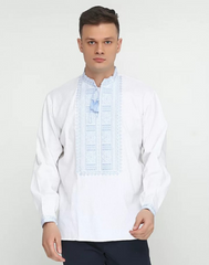 Комфортная, вышитая гладью, белая рубашка с голубим узором для мужчин (chsv-13-08), 40, льон