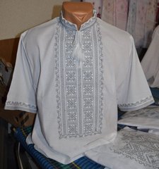Летняя сорочка "Американка" из льна или полотна с вышивкой серого цвета для мужчин (GNM-01937), 40, домотканое полотно