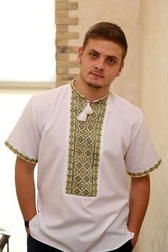 Унікальна вишиванка ручної роботи зеленими нитками по домотканному полотні (GNM-02143), 40, льон білого кольору
