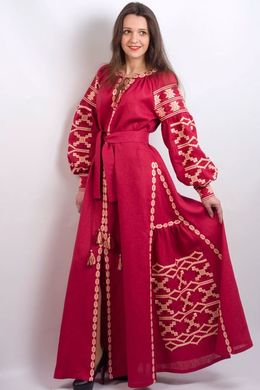 Платье в пол "Грация" из льна винного цвета с изысканной национальной вышивкой для женщин (PL-031-152-L-vn), 42