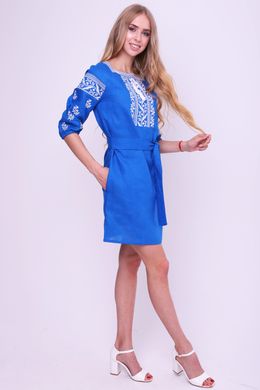 Женское синее платье с вышивкой (FM-0030), XS, лён