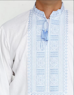 Комфортна, вишита гладдю, біла сорочка з блакитним візерунком для чоловіків (chsv-13-08), 40, льон