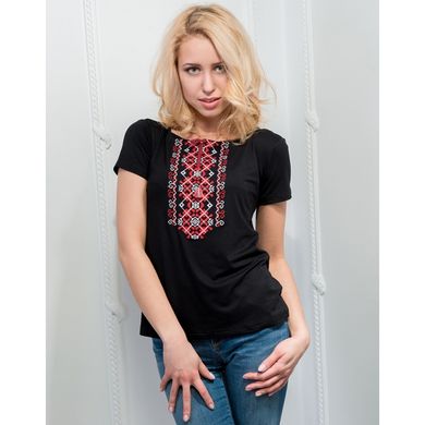 Современная черная женская футболка с вышивкой крестиком "Орнамент красный" (10101011-041), 44