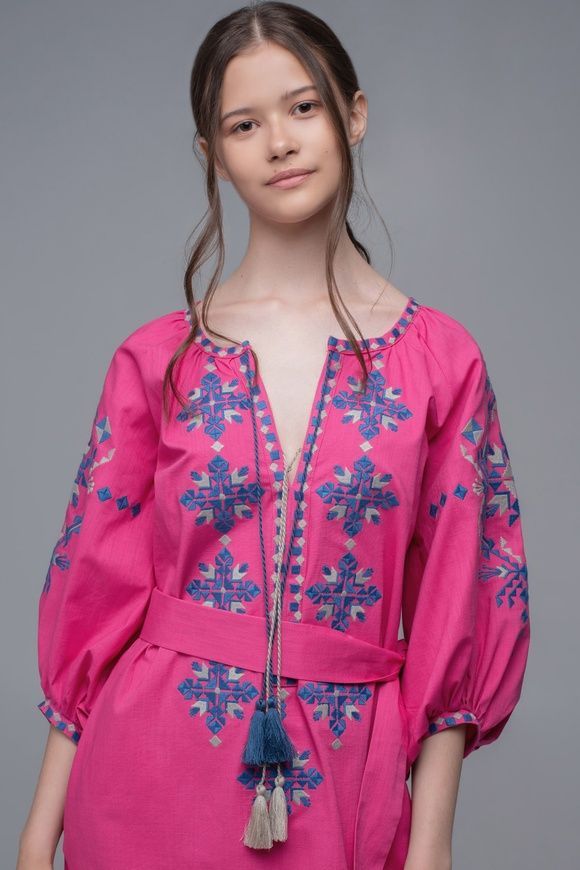 ЖІНОЧА ВИШИТА СУКНЯ PINK UKR-4229, L | 48, льон
