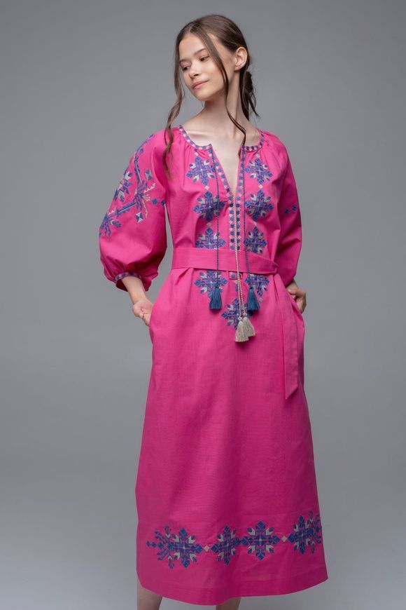 ЖІНОЧА ВИШИТА СУКНЯ PINK UKR-4229, L | 48, льон
