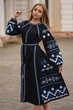 Вишите плаття бохо на темно-синьому льоні (D-081-01), 40, льон
