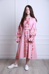 Вышитое платье пудра для девочек Утренние росы (PLd-142-085-L), 116, лен