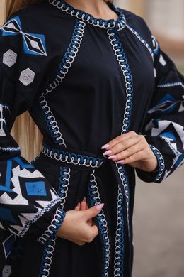 Вышитое платье бохо на темно-синем льне (D-081-01), 40, лен