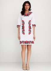 Миди-платье из белого домотканого полотна с красно-чёрной цветочной вышивкой для женщин (gpv-04-01), 40, лен, тиар