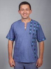 Сорочка сучасного дизайну джинсового кольору з коротким рукавом та етнічною вишивкою для чоловіків (chsv-36-01), 40, льон