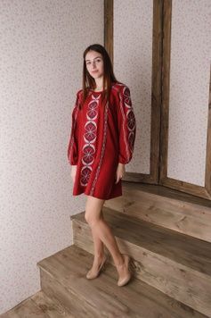 Вишита жіноча бордова сукня (D-115-01), 40, льон
