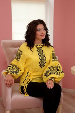 Туника женская стильная желтого цвета с вышивкой черными нитями (GNM-02045), 40, лен