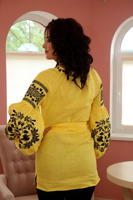 Туніка жіноча стильна жовтого кольору з вишивкою чорними нитками (GNM-02045), 40, льон