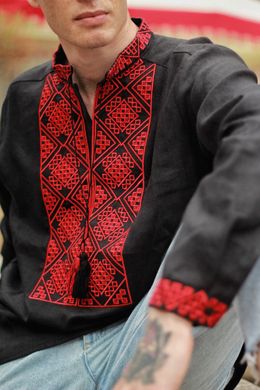 Вышиванка черная мужская "Отаман" с красной вышивкой (Sr-401-184-L-blkred), 46, льон