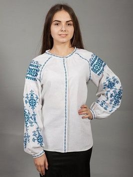 Першокласна біла вишиванка із льону з українським орнаментом кольору морської хвилі для жінок (gbv-24-01), 40, льон