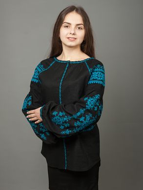 Першокласна біла вишиванка із льону з українським орнаментом кольору морської хвилі для жінок (gbv-24-01), 40, льон