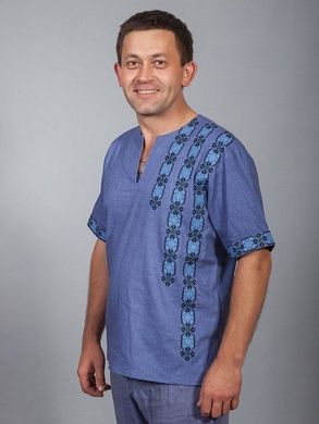 Сорочка сучасного дизайну джинсового кольору з коротким рукавом та етнічною вишивкою для чоловіків (chsv-36-01), 40, льон